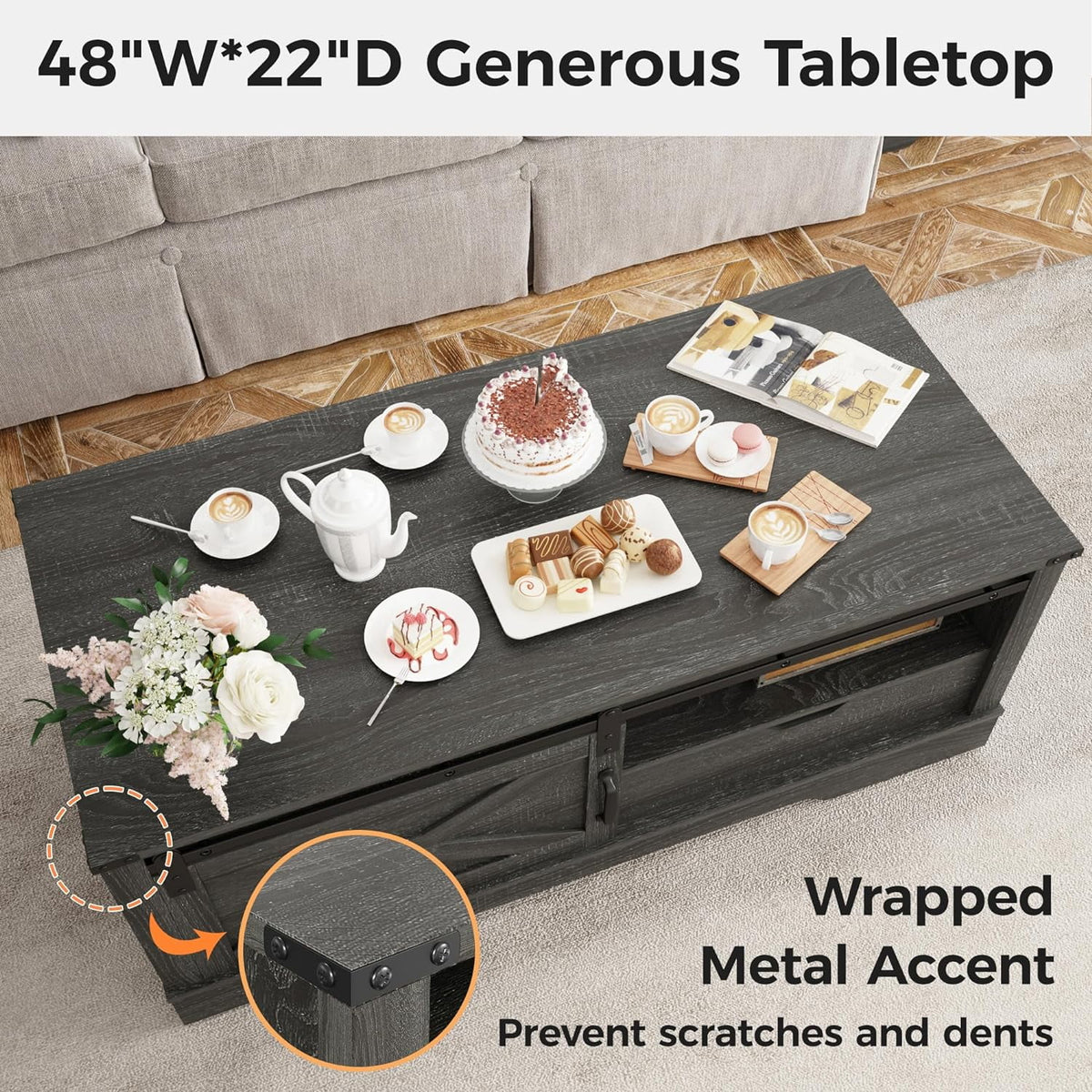 Farmhouse Coffee Table with Storage and Sliding Barn Door, 48'' Rustic Living Room Table , Rectangular Center Table , Rustic Dark Grey