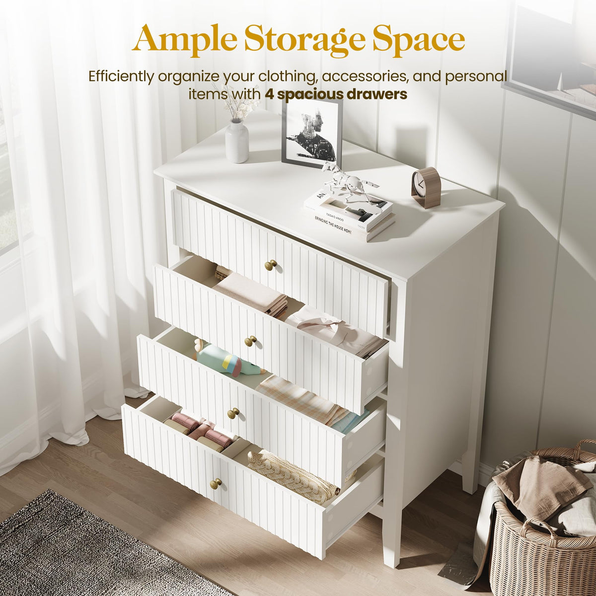 RoyalCraft White Fluted 4 Drawer Dresser for Bedroom, Modern Chest of Drawers, Wood Dresser for Storage Clothes, Wooden Storage Cabinet Nightstand for Bedroom, Hallway, Living Room, Entryway