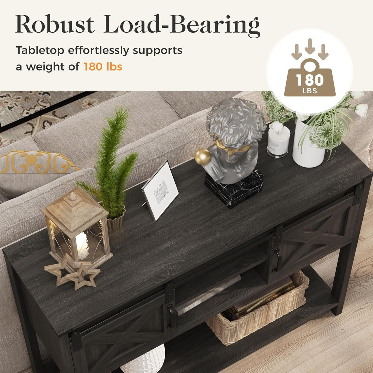 Royalcraft Entryway Table with Storage, 46" Modern Farmhouse Console Table with Sliding Barn Door, Wood Rustic Sofa Table with Adjustable Shelf for Hallway, Living Room, Foyer