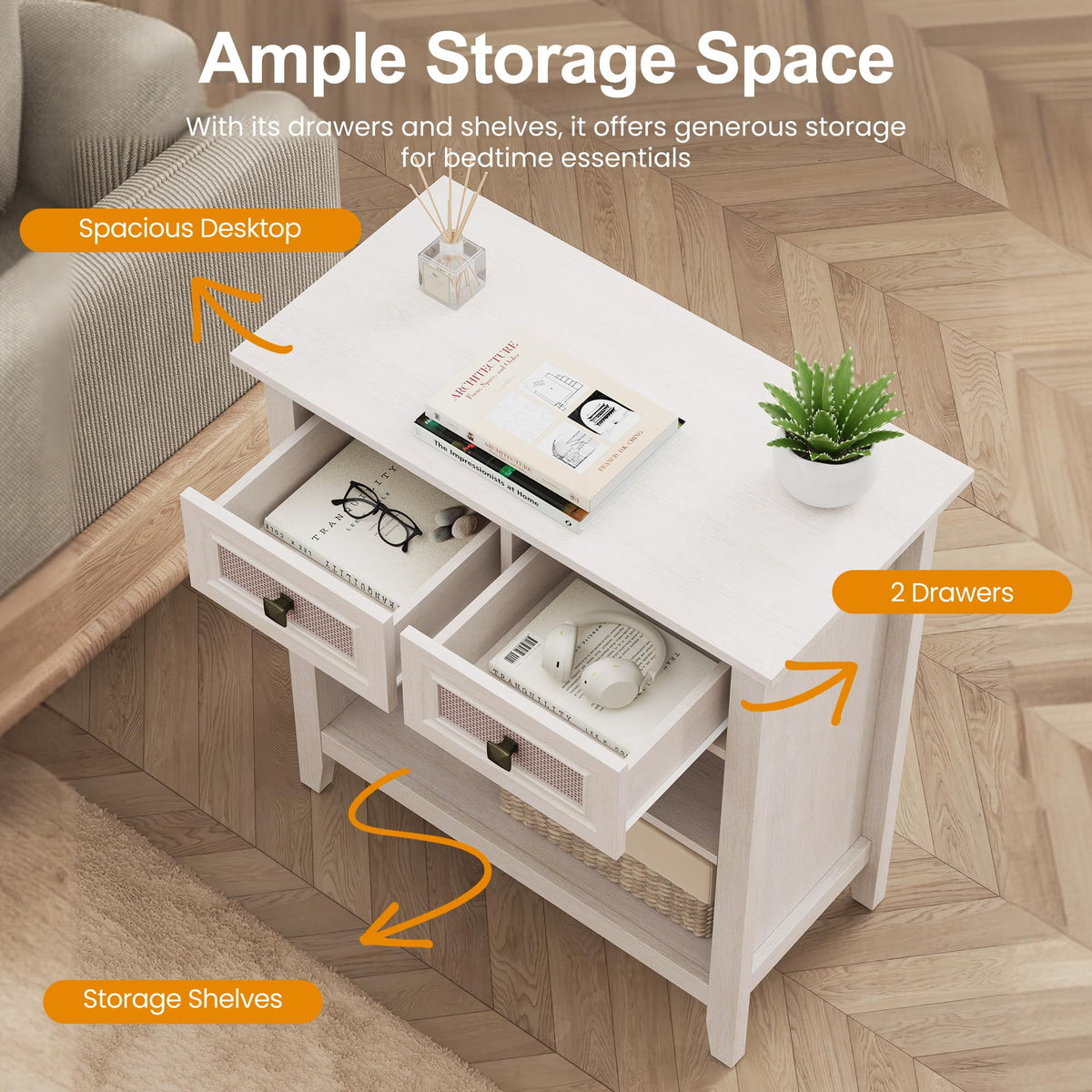 Superjoe Rattan Storage Cabinets, Accent Boho Storage Cabinet with 2 Drawers and 2 Shelves, Multipurpose Modern Storage Cabinet for Living Room, Entryway, Front Hall, Hallway, White