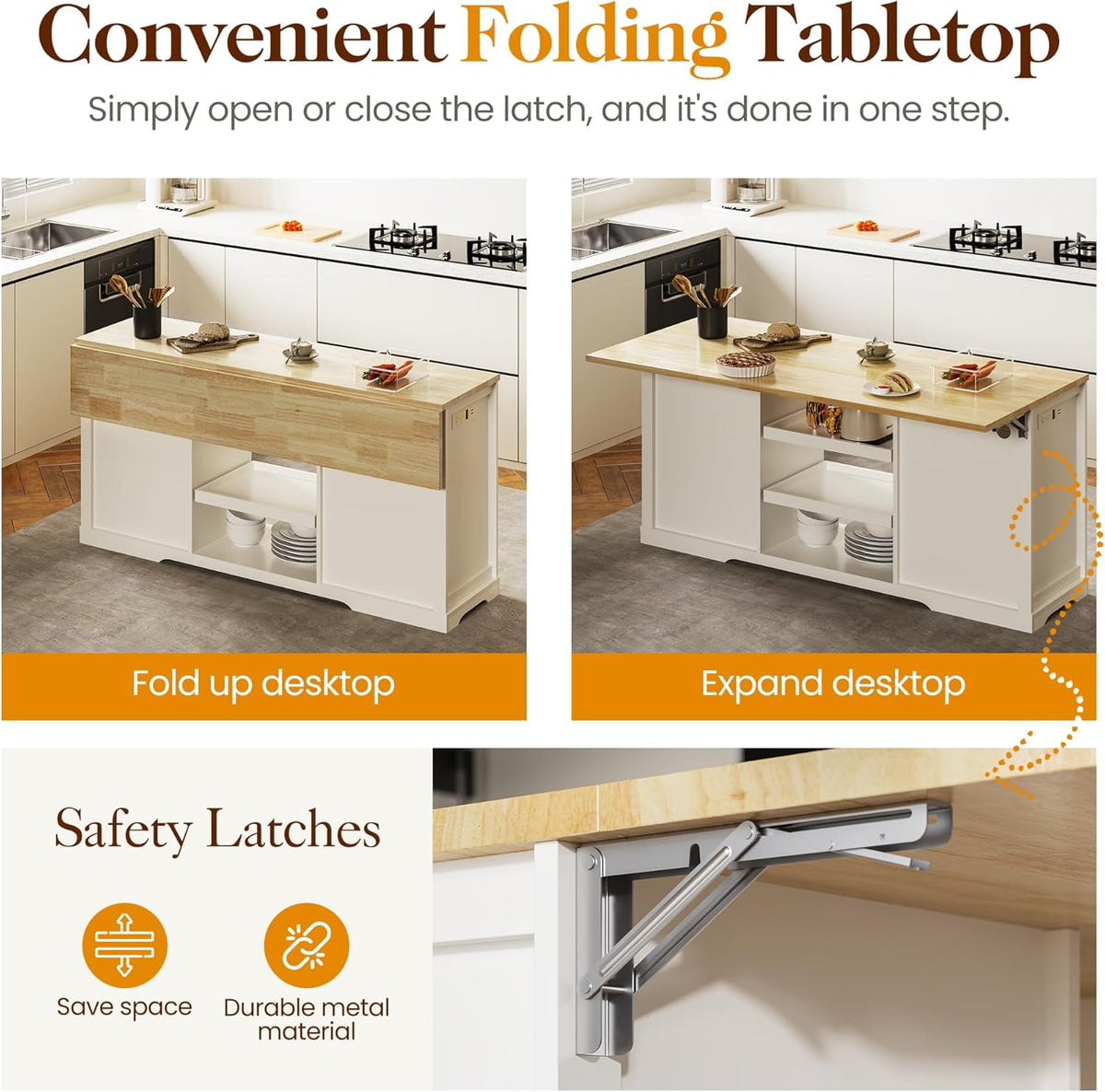 RoyalCraft 59" Large Kitchen Island with Power Outlet, Farmhouse Thick Table Top Drawer, Organized Storage Space with Rubber Wood Drop-Leaf Countertop, White & Oak