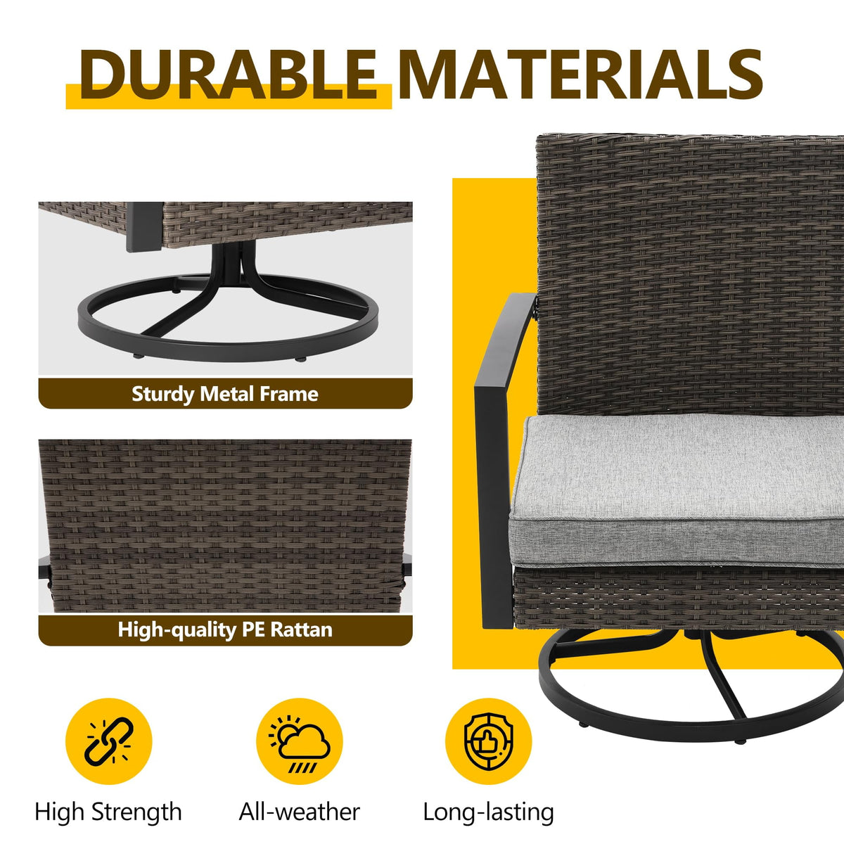 Royalcraft 3 Pieces Patio Bistro Set with Swivel Chair and Small Side Table, All Weather Rattan Chairs with Water-Resistant Cushions & Metal Frame, Outdoor Rocking Chairs, Grey