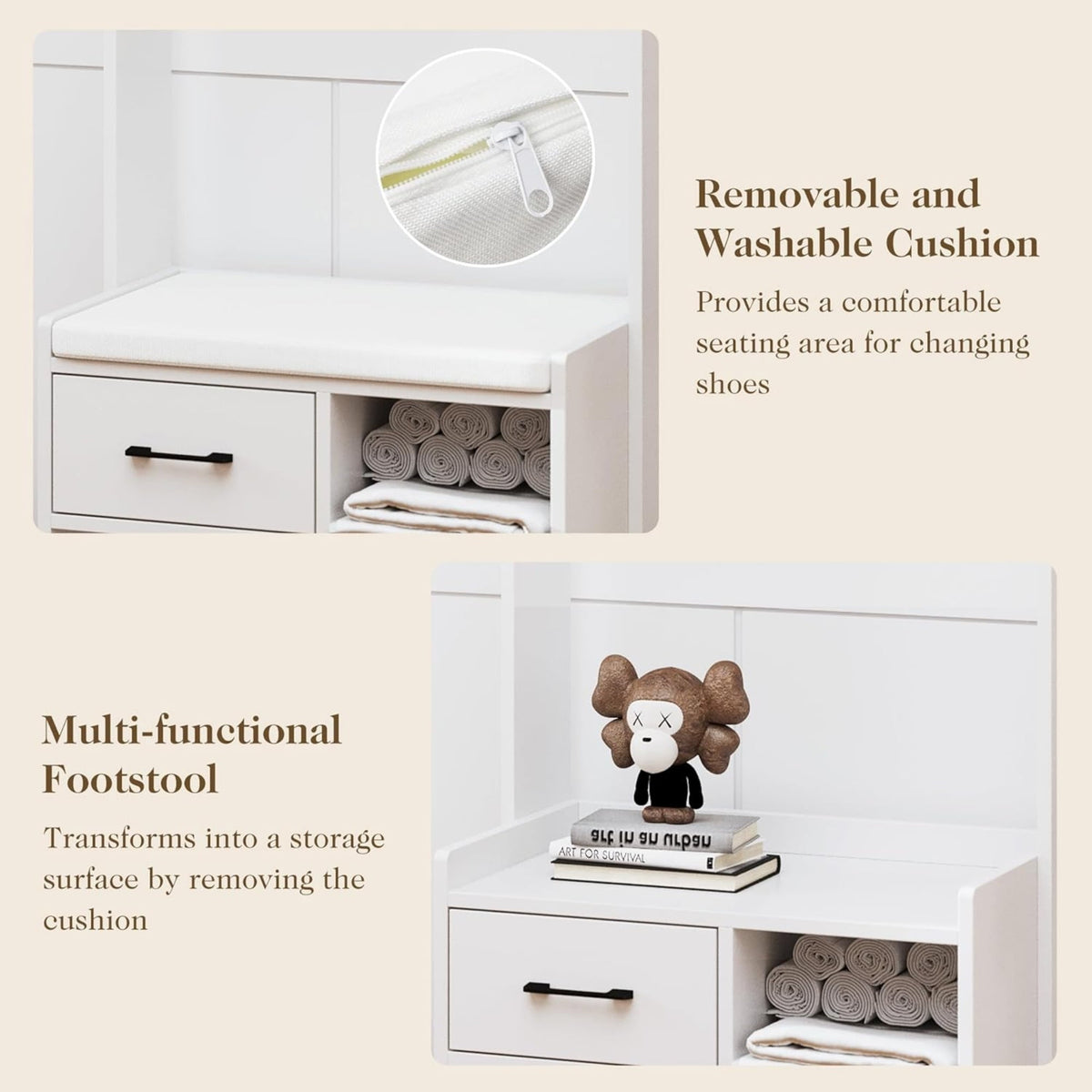 Superjoe Hall Tree with Bench, Entryway Bench with Coat Rack, Shoe Storage, Soft Cushion, Wood Entryway Furniture, White