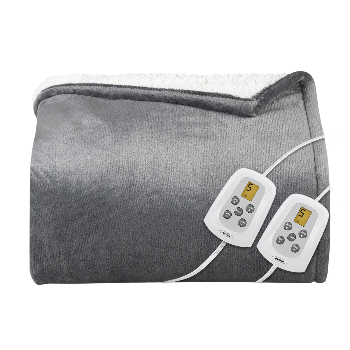 Royalcraft Heated Blanket King Size, Electric Throw Dual Control , 10 Heat Settings, 12 Hours Auto Off, Soft Flannel and Sherpa, Machine Washable , Grey