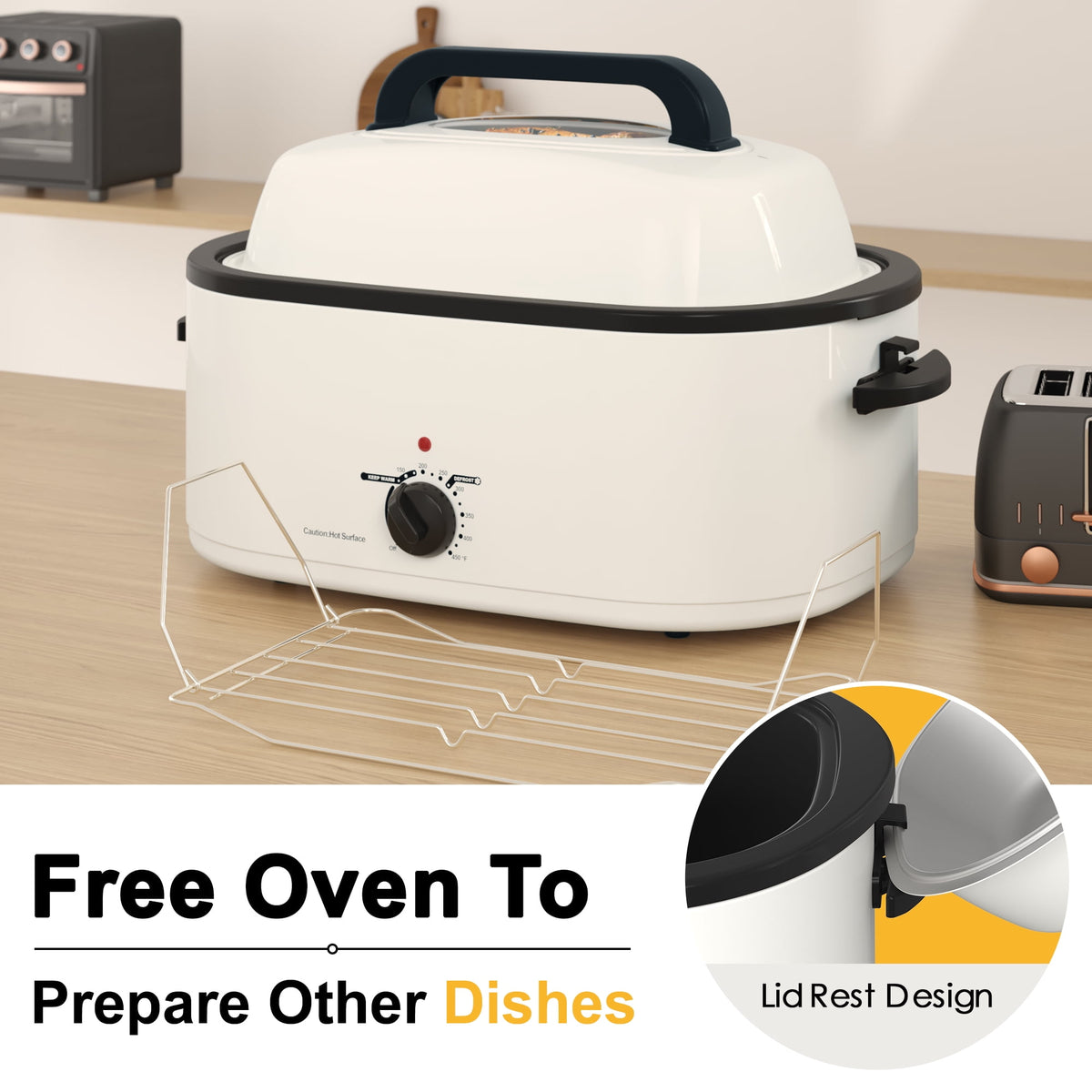 RoyalCraft 26 Quart Electric Turkey Roaster Oven with Visible Glass Lid, with Removable Pan & Rack, Stainless Steel, Silver