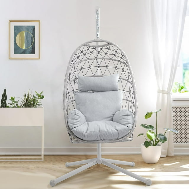 RoyalCraft Hanging Egg Chair Outdoor Swing Chair, Hammock Chair With Stand Indoor, Patio Boho Wicker Hanging Chair with Stand 350lbs Capacity for Garden, Balcony, Bedroom, Beige & Gray