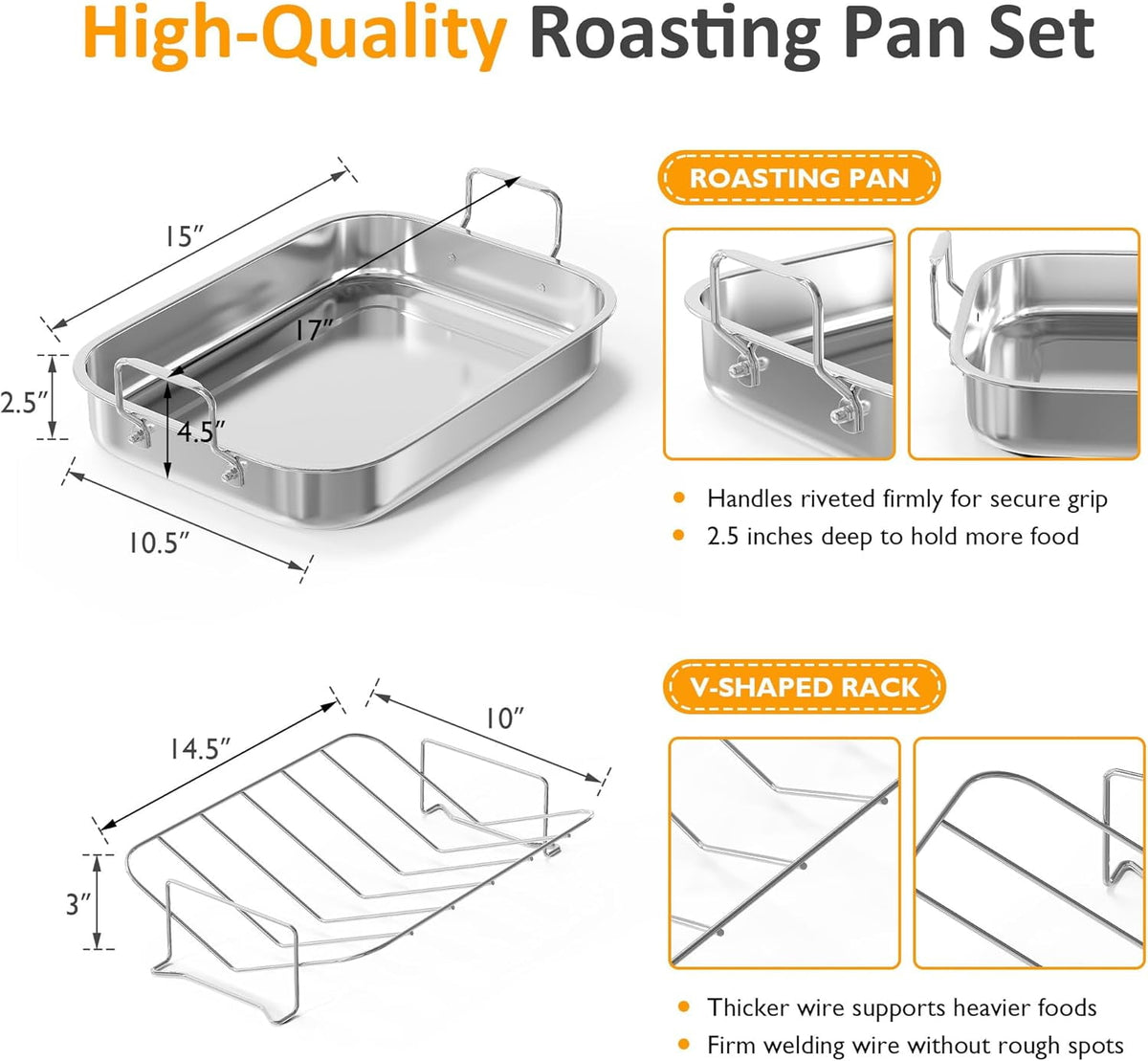 Royalcraft 15.6in  Roasting Pan with V-Shaped Rack, Rectangular Lasagna Pan with Handle, Non-Stick Stainless Steal Roaster for Turkey, Chicken, Vegetable, Silver