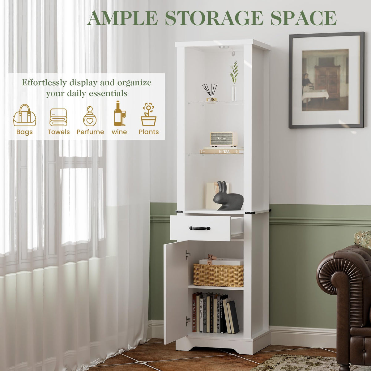 Royalcraft 75'' Tall Storage Cabinet with LED Light, Farmhouse Pantry Cabinet with Tempered Glass Adjustable Shelves & Barn Door, Freestanding Linen Tower for Bathroom, Living Room, Kitchen, White