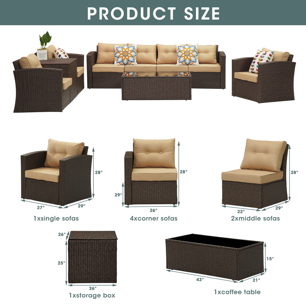 Royalcraft Outdoor Patio Furniture Set,9 Pieces Outdoor Sectional Wicker Sofa PE Rattan Conversation Sets with Non-slip Cushions,Aluminum Frame,Grey