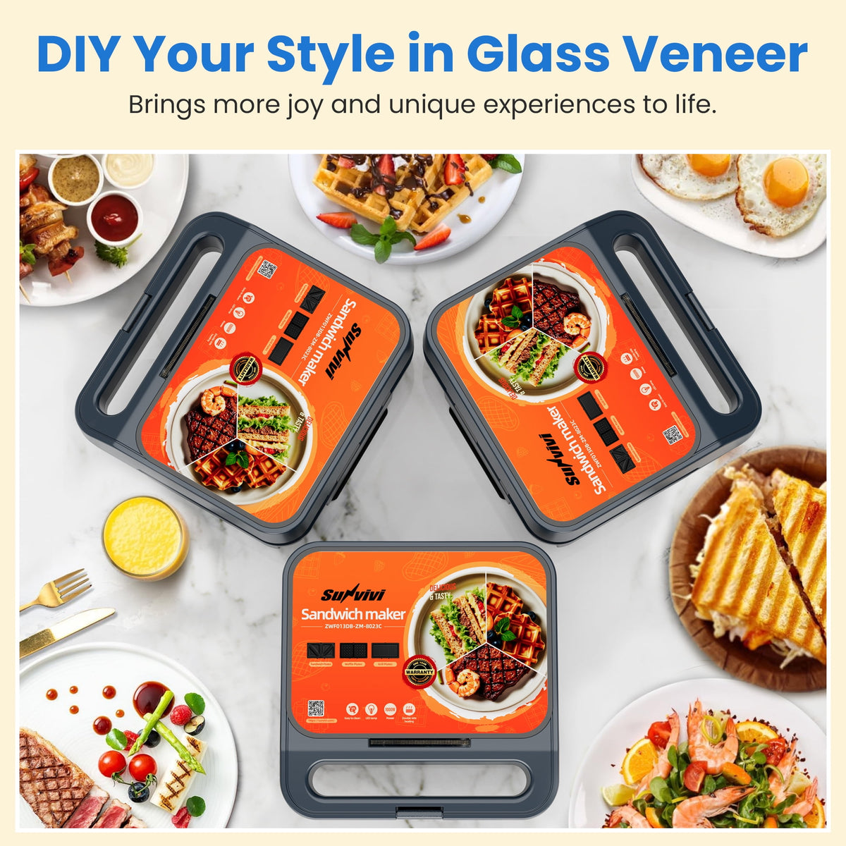 Royalcraft 3-in-1 Electric Sandwich Maker Waffle Grill Panini Press 1000W Non-Stick Removable Plates Blue