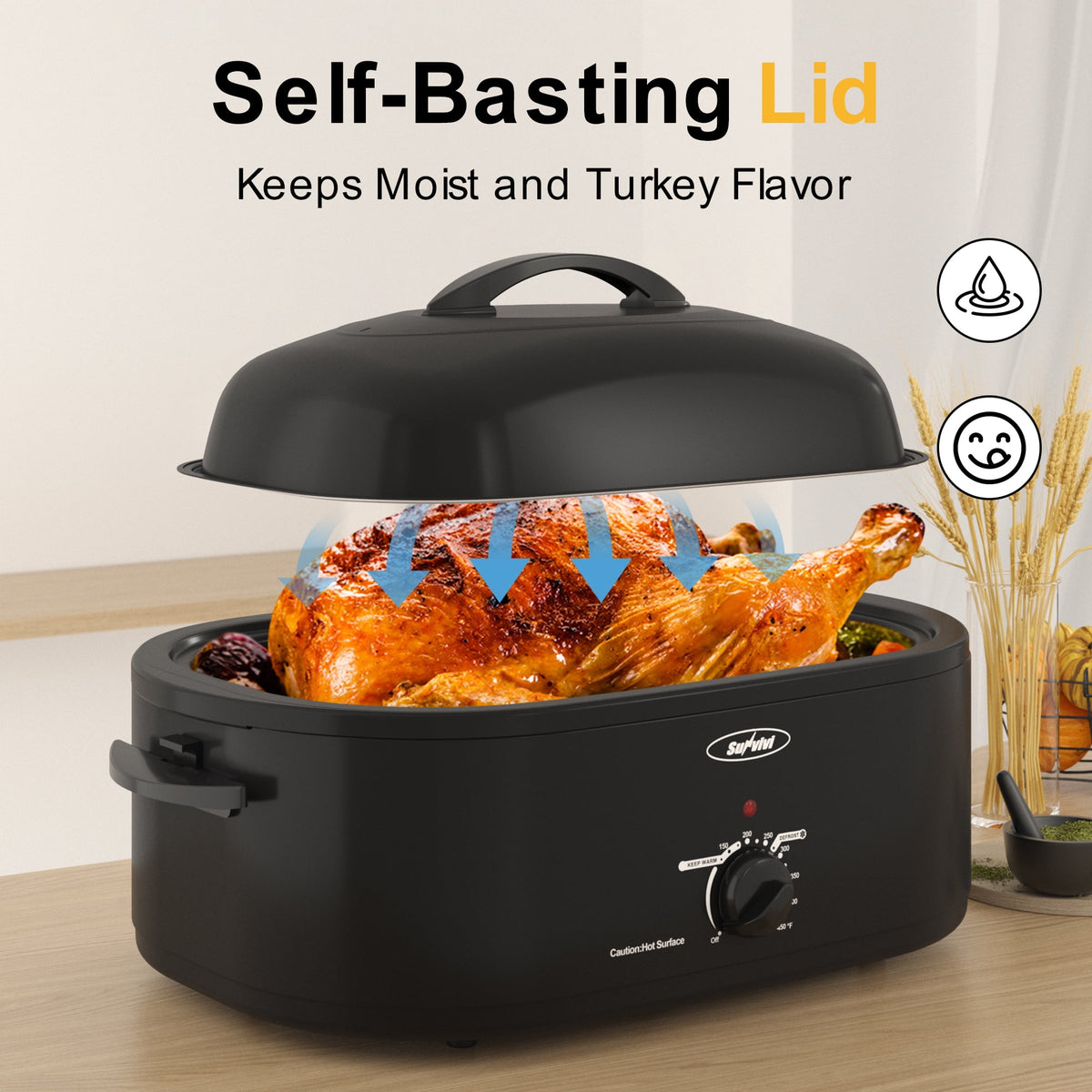 RoyalCraft 20 Quart Electric Turkey Roaster Oven with Visible Glass Lid, with Removable Pan & Rack, Stainless Steel, Black