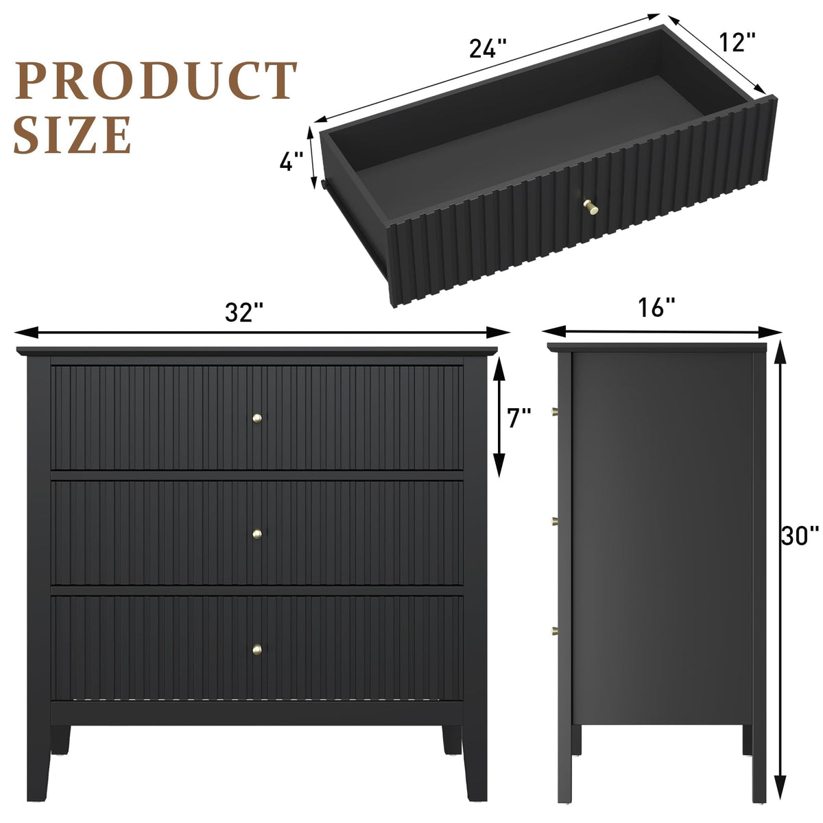 32" Black Fluted Dresser Nightstand, Wide Modern 3 Drawer Wooden Chest, Large Painted Storage Cabinet