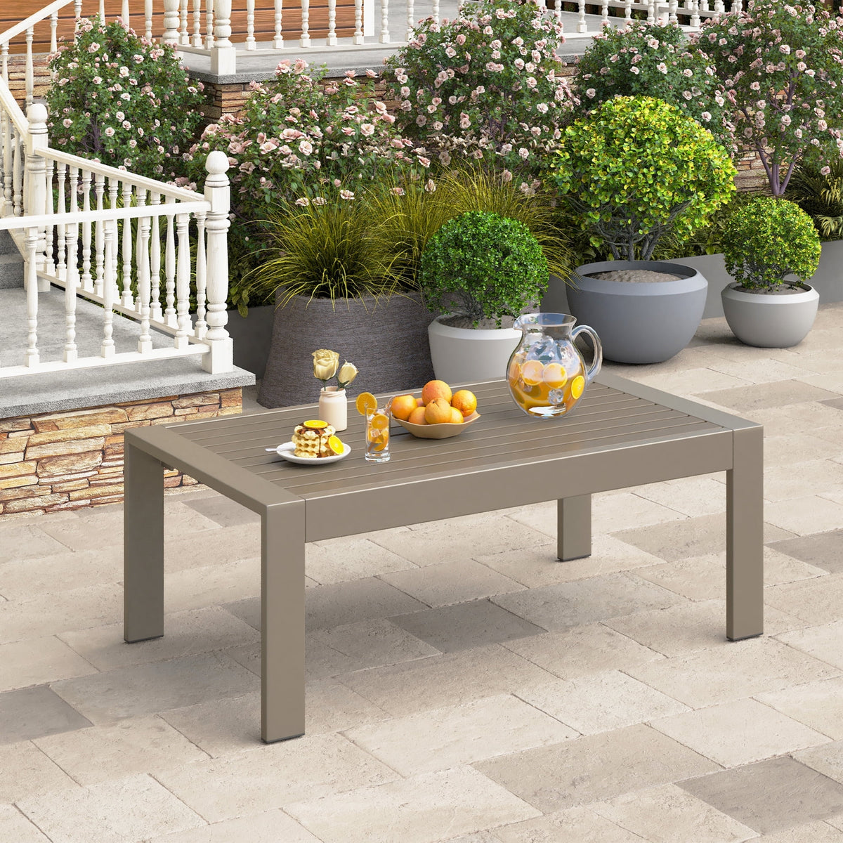 RoyalCraft Outdoor Furniture Patio Coffee Table, Ourdoor Rectangle Coffee Table, All-weather Outdoor Metal Coffee Table for Balcony, Garden, Deck, Backyard, Beige
