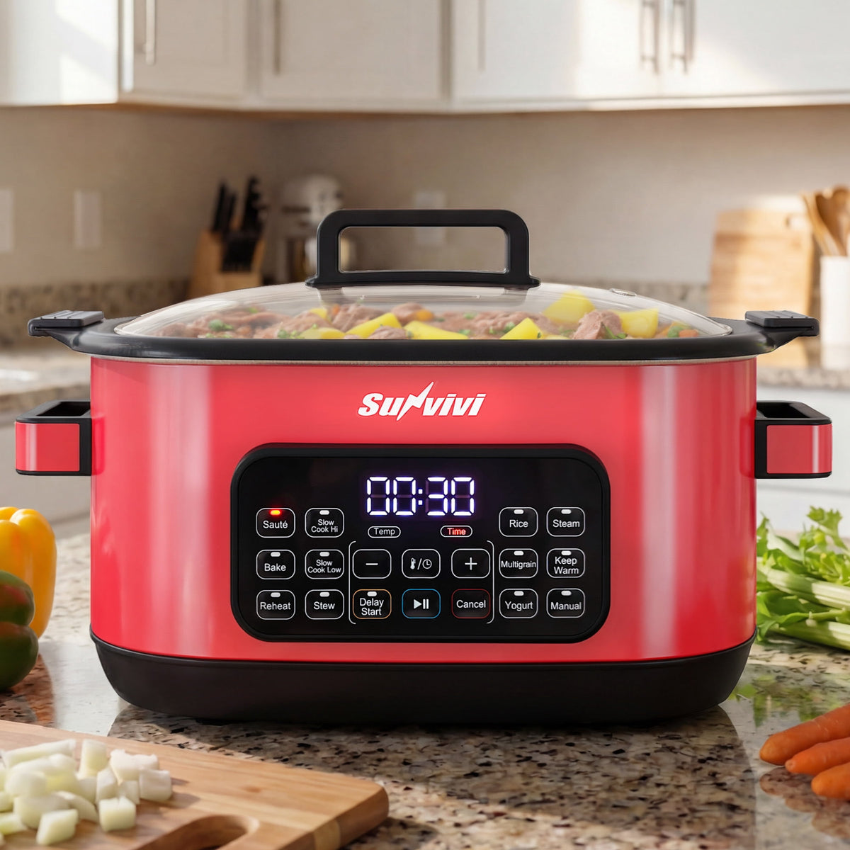 Royalcraft 12-in-1 Digital Programmable Slow Cooker, 6.5 QT Large Multicooker, Multi-Cooker with Timer, Temp Control, Red