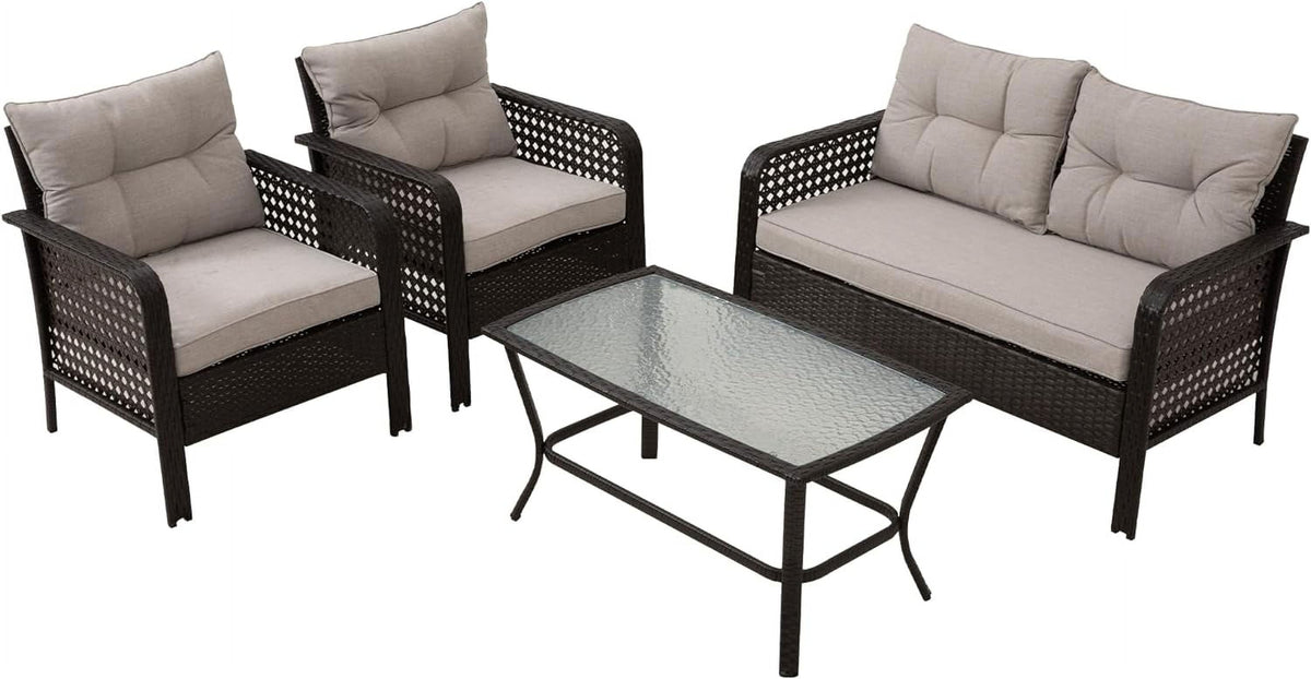 4 Pieces Patio Furniture Set, Outdoor Rattan Chair Wicker Conversation Sets with Cushions and Glass Coffee Table, for Porch Balcony Garden Backyard Deck, Brown and Khaki