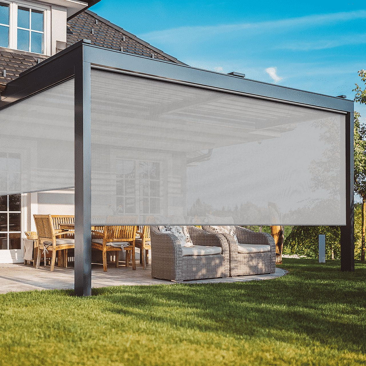 Royalcraft Cordless Outdoor Roller Sun Shade with Pole，6'Wx6'H 420GSM 95% Blockout Waterproof Outdoor Blinds Roll Up for Gazebo Porch, Deck, Pergola,Grey