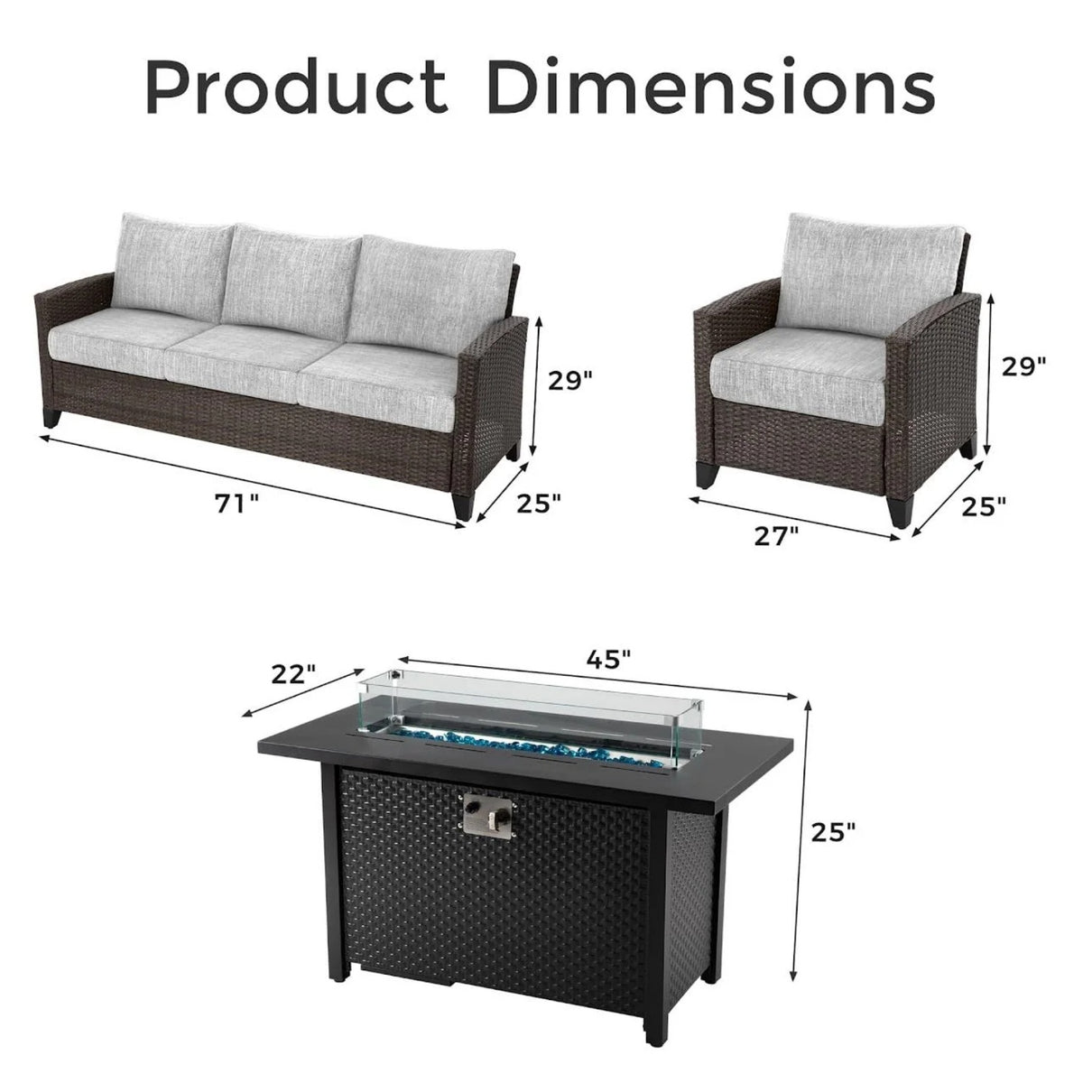 RoyalCraft Outdoor Patio Furniture Set, 4 Piece Outdoor Rattan Sofa Set, All Weather Wicker Conversation Set with Fire Pit Table for Porch Backyard Garden