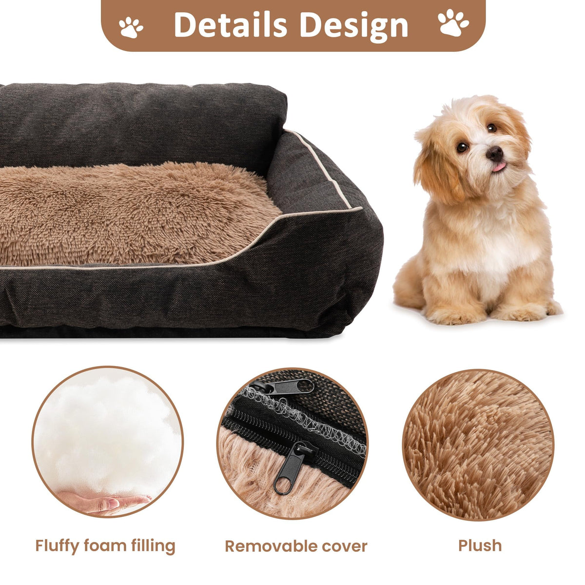 CozyHome Medium Dog Bed with Anti-Slip Bottom, Cat Bed with Removable Washable Cover, Plush Pet Bed for Dogs and Cats, Cute Dog Pillow Bed, Calming Cat Couch Bed for Indoor, Outdoor, Brown