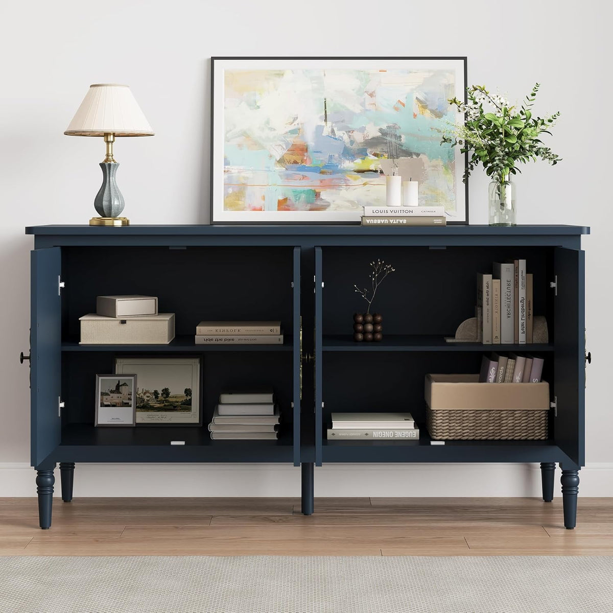 RoyalCraft Console Cabinet, 58'' Mid Century Modern Pantry Cabinet, Wood Buffet Cabinet, Media Cabinet with 4 Doors, Accent Cabinet for Entryway, Living Room, Bedroom, Dining Room