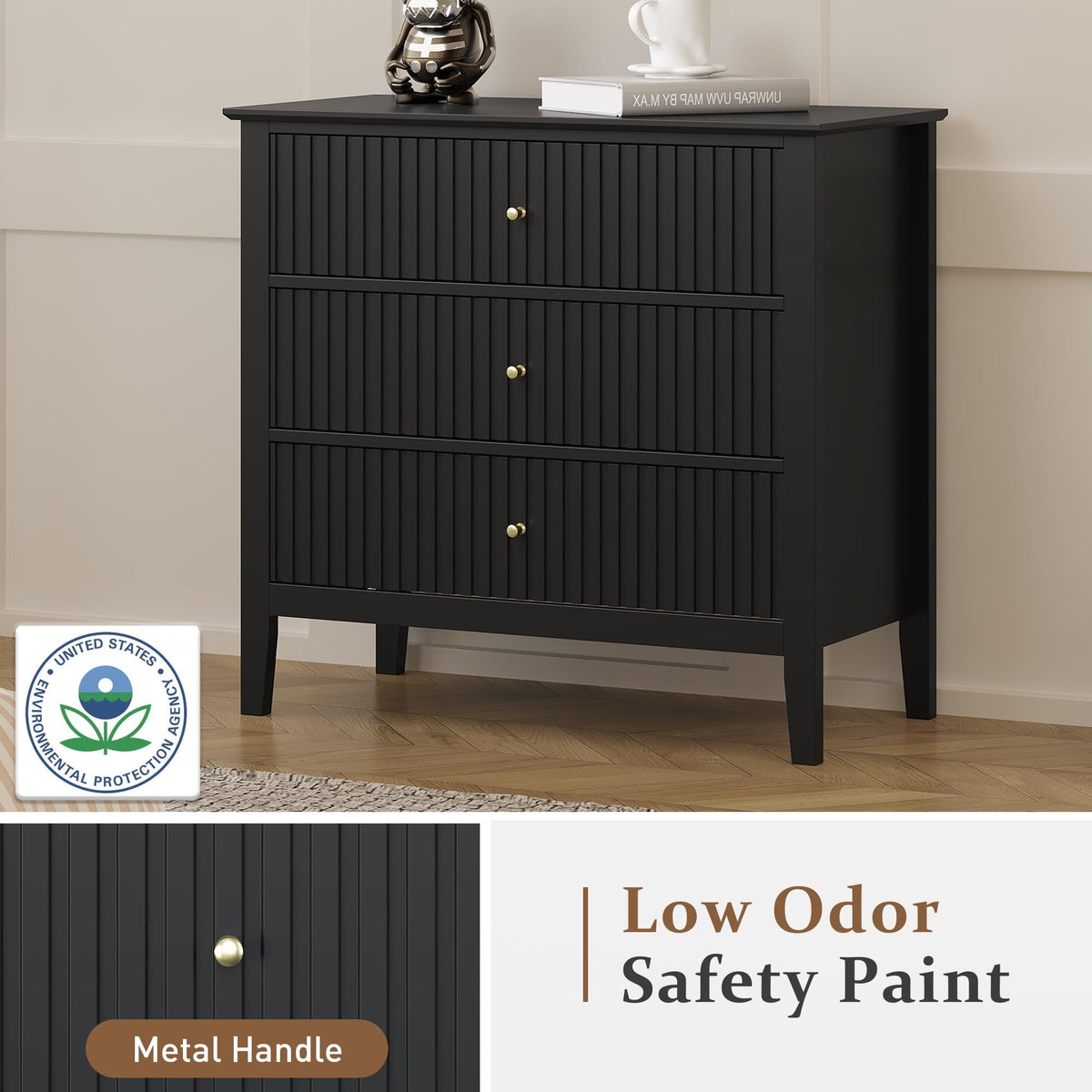 32" Black Fluted Dresser Nightstand, Wide Modern 3 Drawer Wooden Chest, Large Painted Storage Cabinet