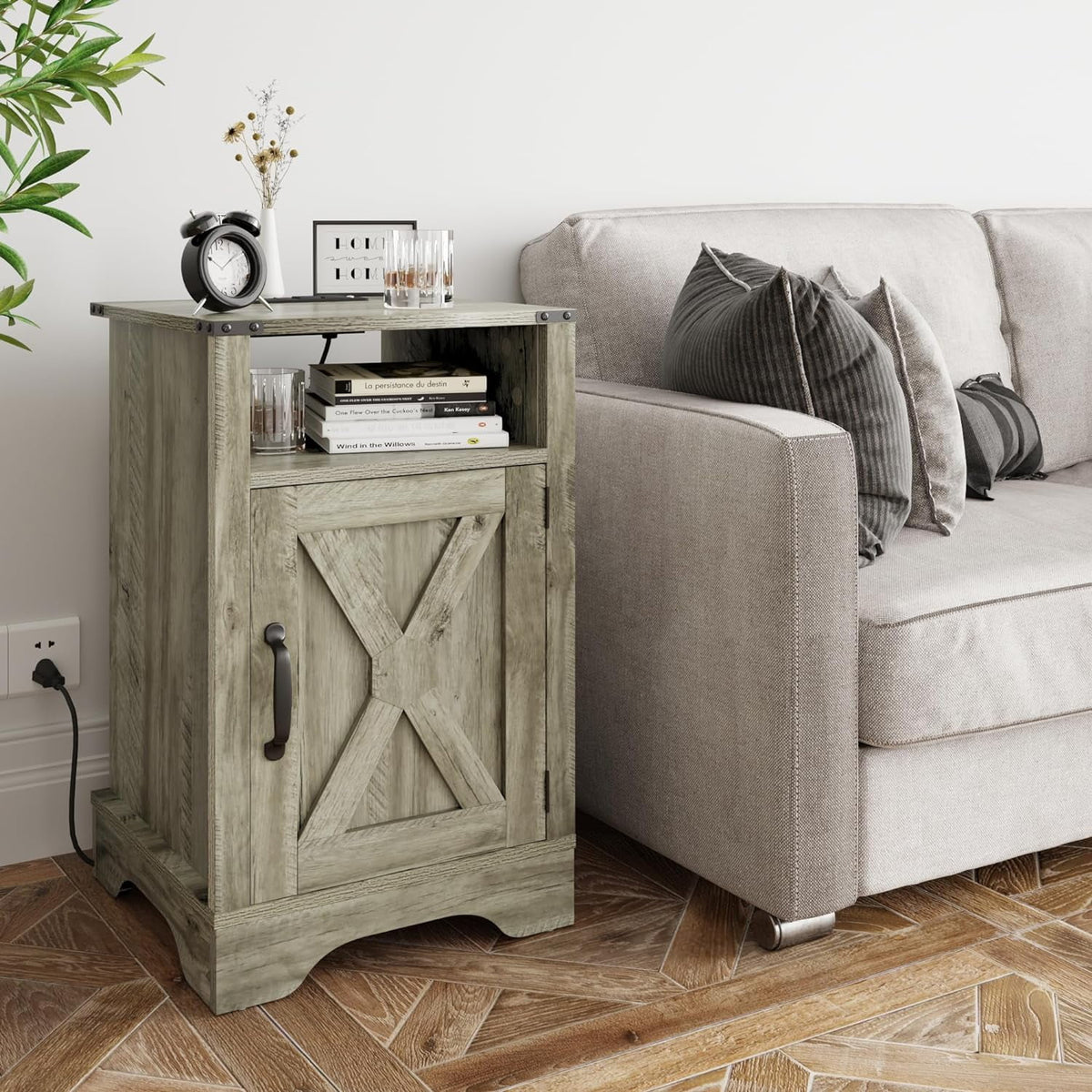 RoyalCraft White Nightstand with Charging Station, Farmhouse Bedside Table with X-Shaped Design,Wooden Rustic End Table with Large Storage Room and Shelf for Bedroom, Living Room, Solid White