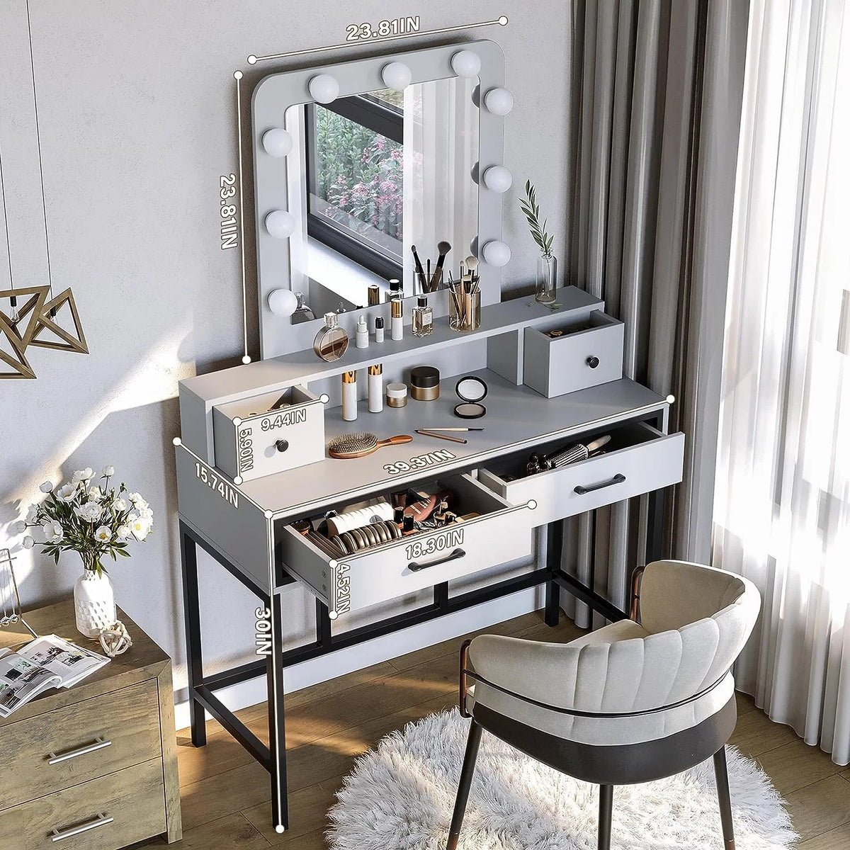 RoyalCraft Makeup Vanity Table with 3 Color Dimmable Lighted Hollywood Mirror, Vanity Desk with 4 Drawers, Dressing Table for Women Girls