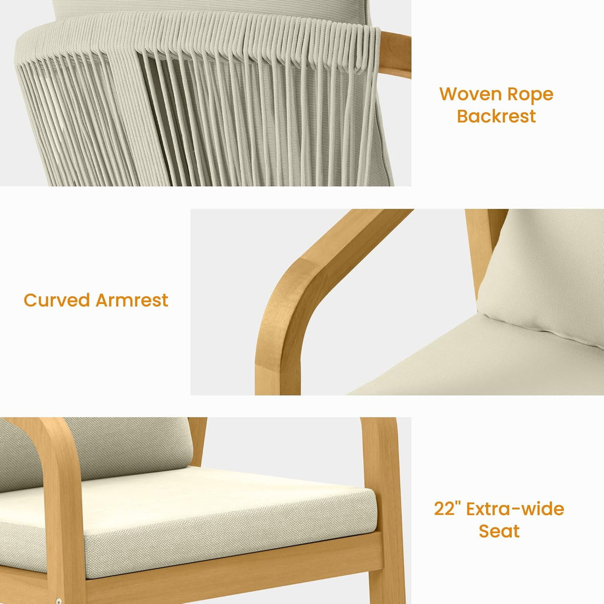 RoyalCraft Acacia 3 Pieces Patio Dining Set with Dining Table and Bench, All-Weather Wood Bench with Cushions, Modern Outdoor Dining Furniture Set for Lawn, Backyard, Garden, Deck, Beige