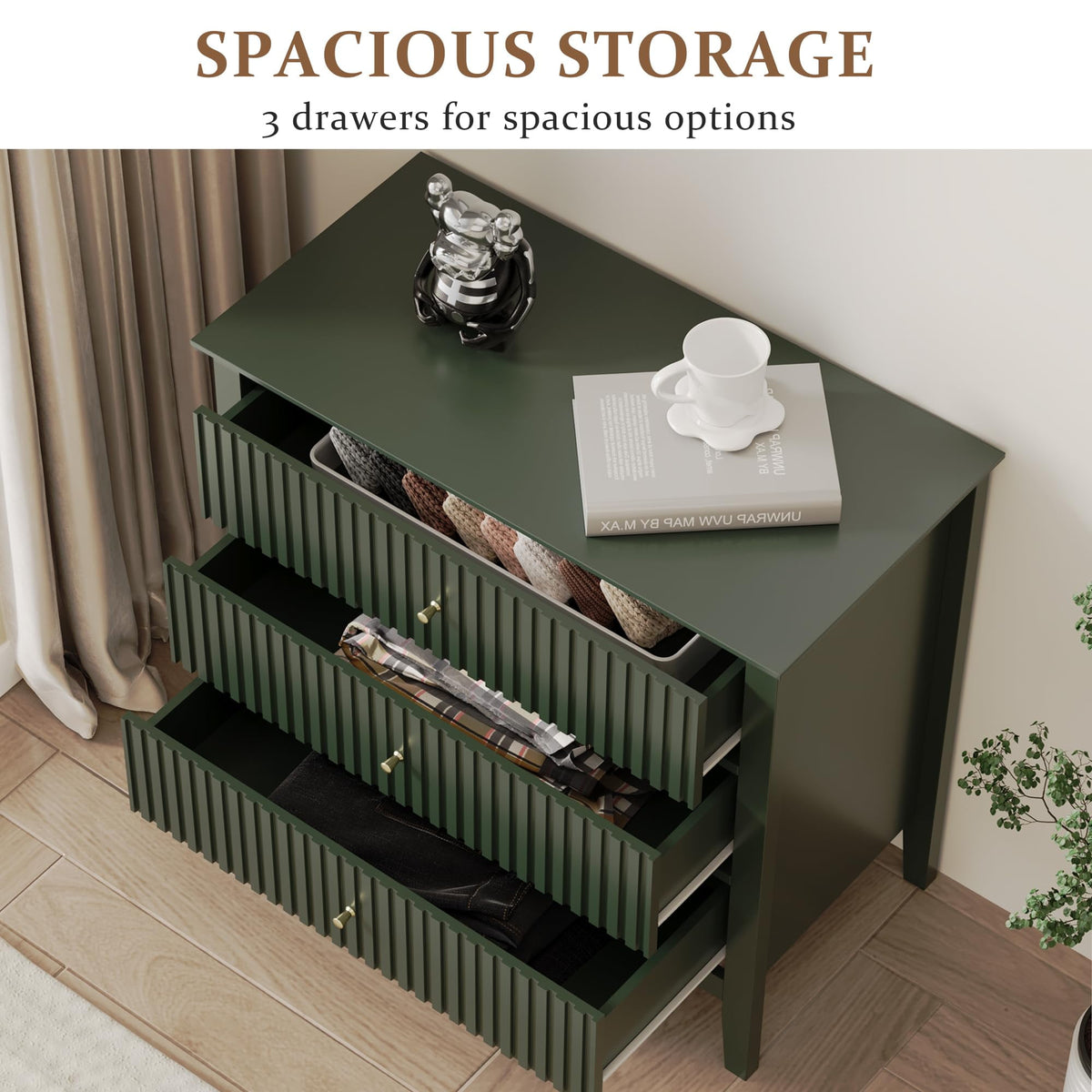 Royalcraft Fluted 3 Drawer Dresser, Wide Chest of Drawers with Ball Bearing Slide Modern Nightstand Cabinet Wood Dresser with Spacious Storage for Bedroom, Hallway, Living Room, Entryway, Green