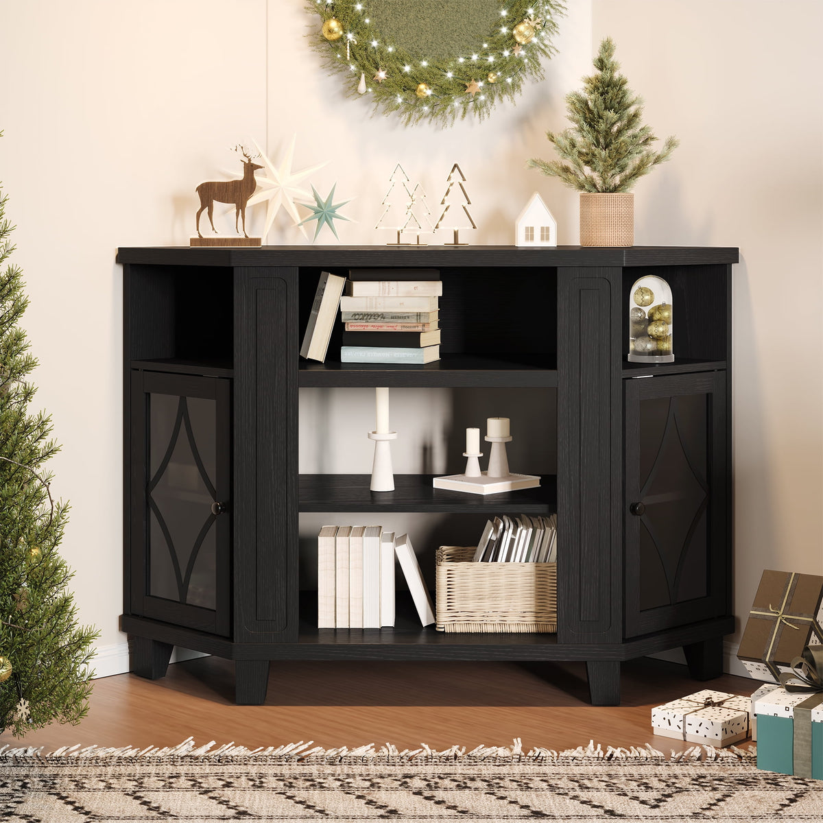 RoyalCraft Corner TV Stands for TVs up to 55'', Media Console Table with Adjustable Shelves, Acrylic Doors with Double-Diamond Design, Wood Modern Entertainment Center for Living Room Bedroom, Black