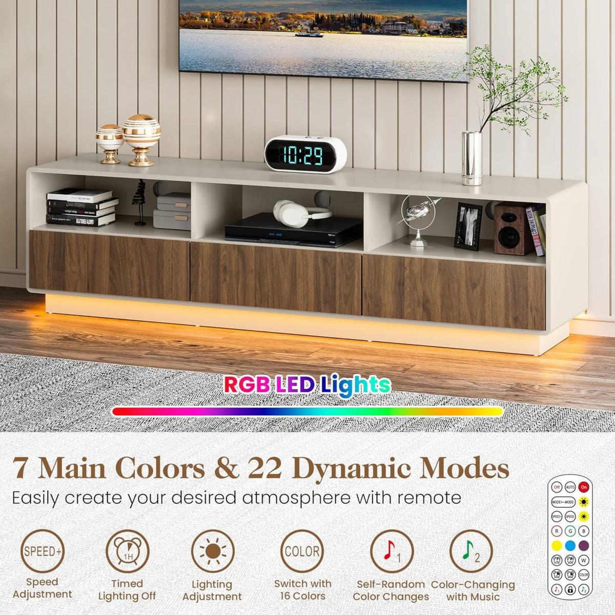 CozyHome 70" Large TV Stand with Storage and Led Lights, Console Table with 3 Drawers, TV Entertainment Center for up to 75" Television, Wood TV Media Cabinet for Living Room Bedroom, Beige & Walnut