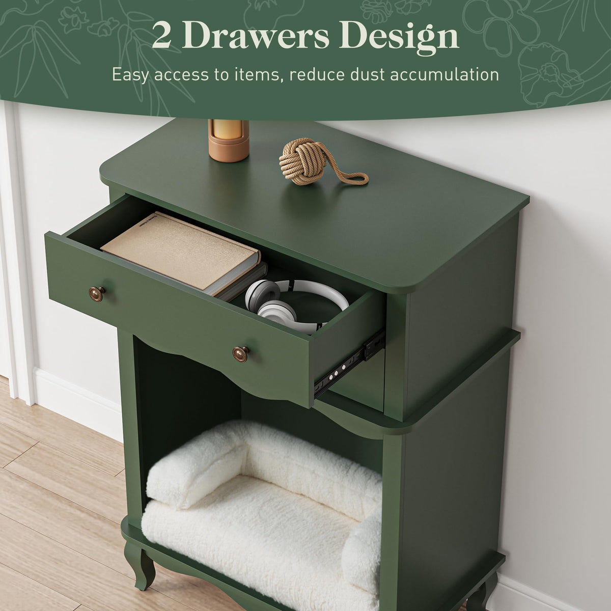 CozyHome 2 Drawer Dresser with Open Space, Dresser Chest of Drawer for Bedroom, Multifunctional Tall Dresser, Wood Storage Chest of Drawers Storage Cabinet for Living Room, Entryway, Hallway, Green