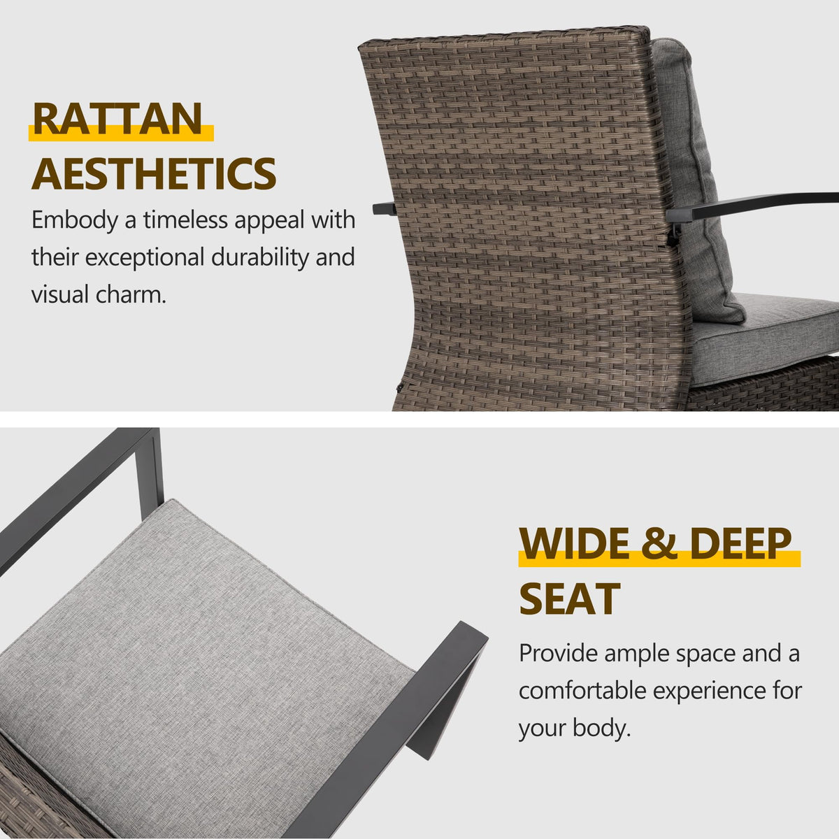 Royalcraft 3 Pieces Patio Bistro Set with Swivel Chair and Small Side Table, All Weather Rattan Chairs with Water-Resistant Cushions & Metal Frame, Outdoor Rocking Chairs, Grey