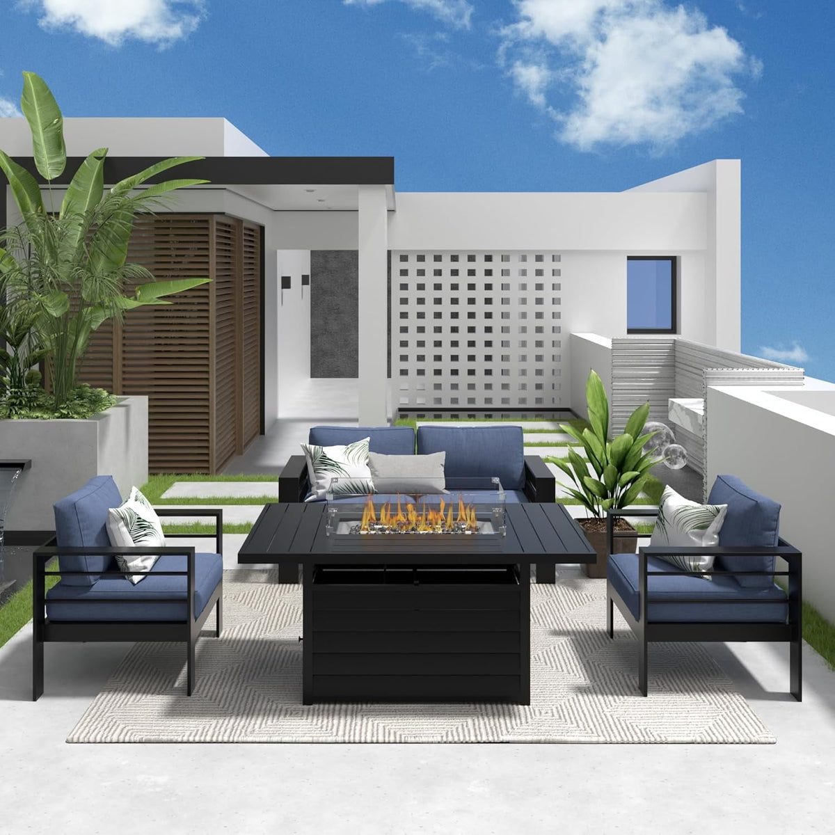 RoyalCarft Aluminum Patio Furniture Set with Fire Pit Table, 4 Piece Metal Outdoor Furniture with Water-Resistant Cushions, Modern Patio Conversation Set for Balcony, Front Porch, and Backyard,Blue