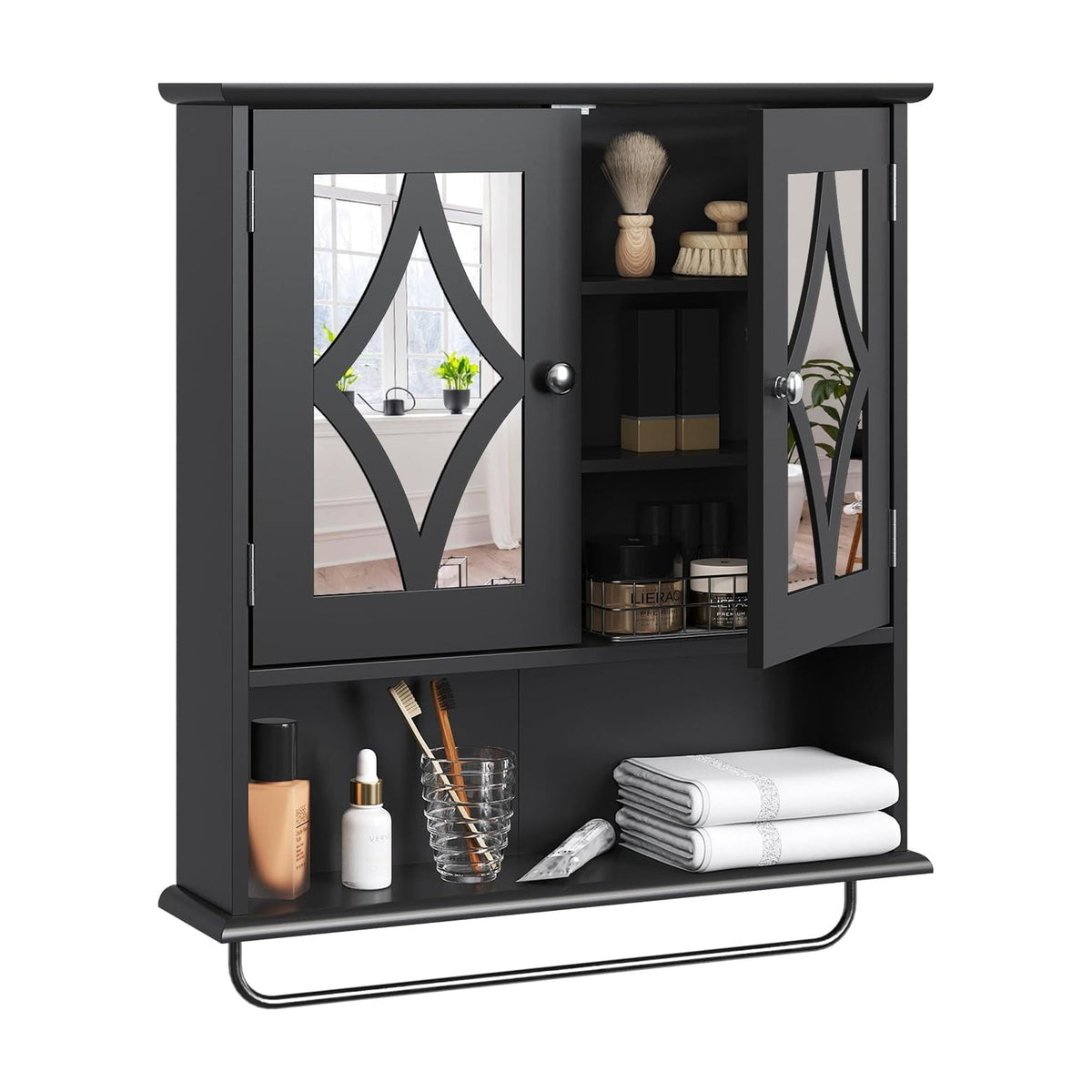 RoyalCraft Bathroom Mirror Cabinet, Wall Mount Medicine Cabinet with Adjustable Shelves, Towel Bar, Black