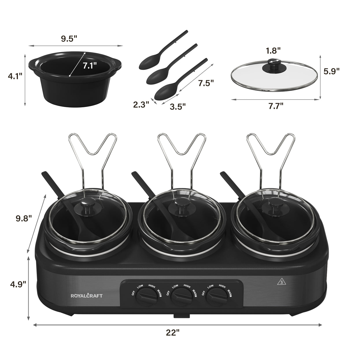RoyalCraft Triple Slow Cooker - Effortlessly Cook and Serve Multiple Meals at Once, 3 Nylon Spoons , Adjustable Temp, Entrees, Sauces, Stews & Dips, Dishwasher Safe Glass Lid & Crock Ceramic Pot, 1.5 Quart 3 Crock Cooker Pot, Stainless Steel