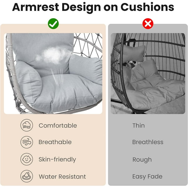 RoyalCraft Hanging Egg Chair Outdoor Swing Chair, Hammock Chair With Stand Indoor, Patio Boho Wicker Hanging Chair with Stand 350lbs Capacity for Garden, Balcony, Bedroom, Beige & Gray