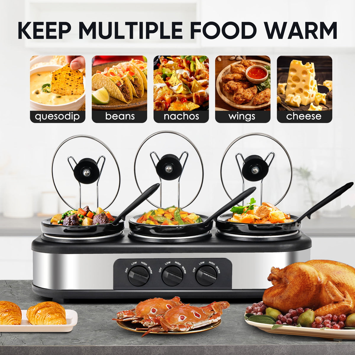 Triple Slow Cooker with 3 Spoons, 3 Pot 1.5 Quart Oval Crock Food Warmer Buffet Server, Stainless Steel