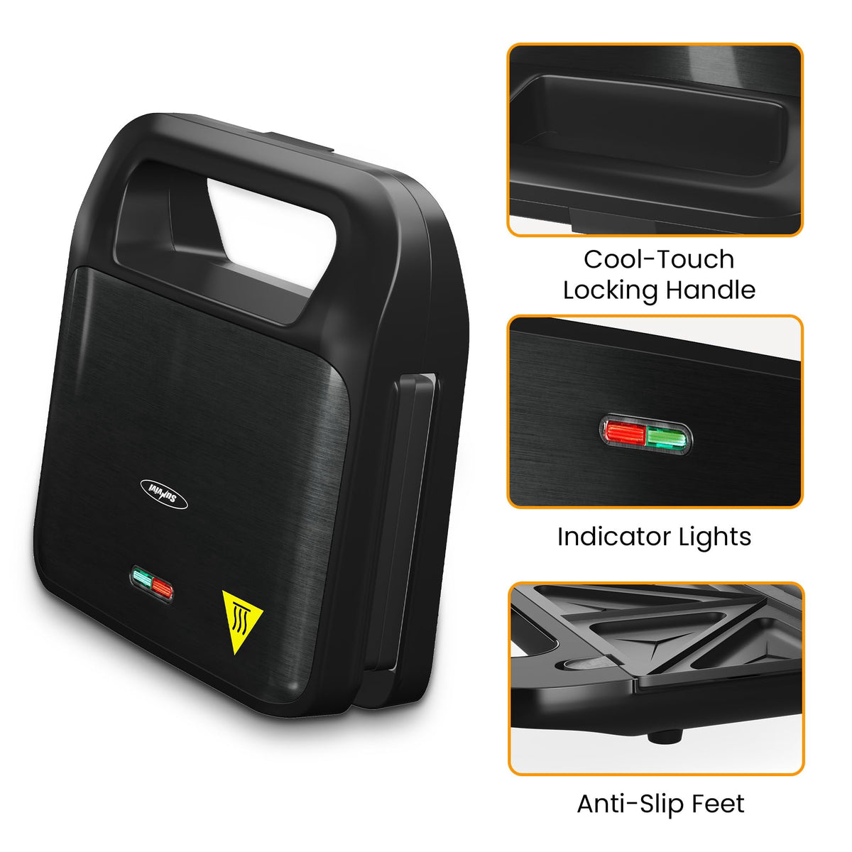 Royalcraft 3 in 1 Electric Sandwich Maker with Removable Non-Stick Plates, Indicator Lights & Cool Touch Handle, 750W, Black