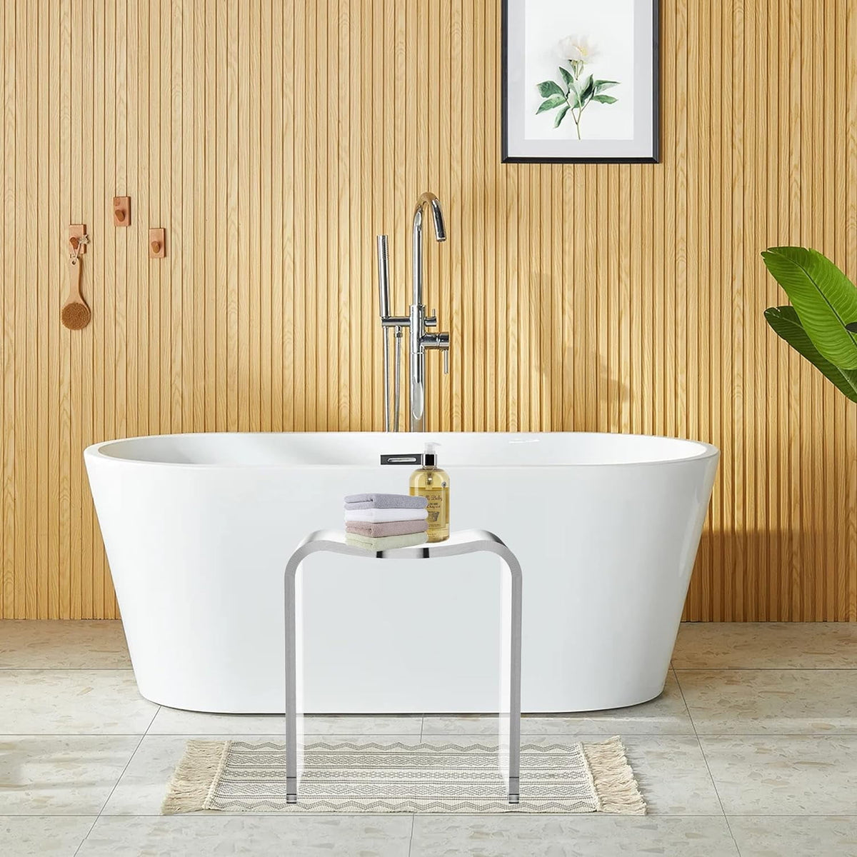 CozyHom Acrylic Shower Stool, Modern Shower Bench with Curved Seat & Water Leaking Hole, Shower Stool for Inside Shower with Anti-Skip Feet & 300LBS Weight Capacity