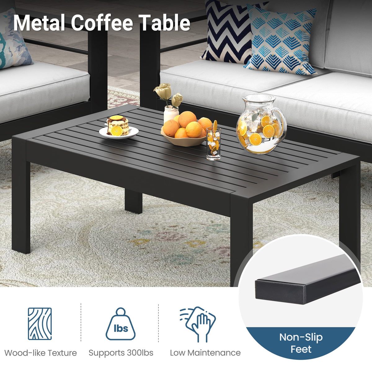 RoyalCraft Outdoor Furniture Patio Coffee Table, Ourdoor Rectangle Coffee Table, All-weather Outdoor Metal Coffee Table for Balcony, Garden, Deck, Backyard, Black