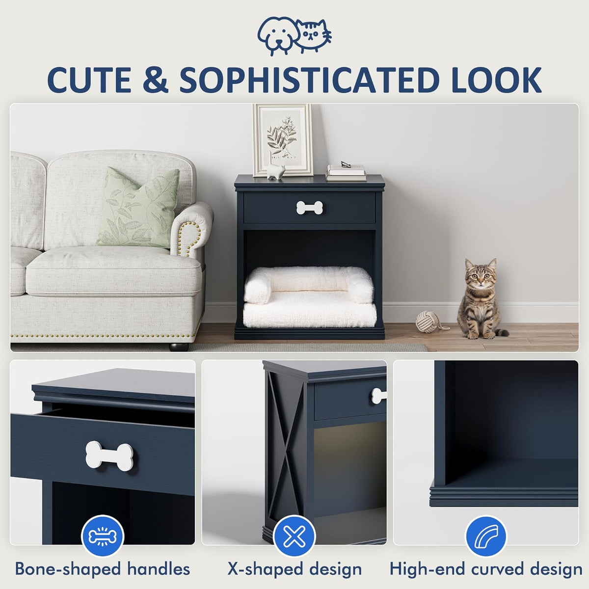 Royalcraft Vintage Small Storage Cabinet with Led Light, Hidden Cat Litter Box with Drawer and Semi-Open Space, Multi-Functional Nightstands with Pet House for Living Room, Bedroom, Blue