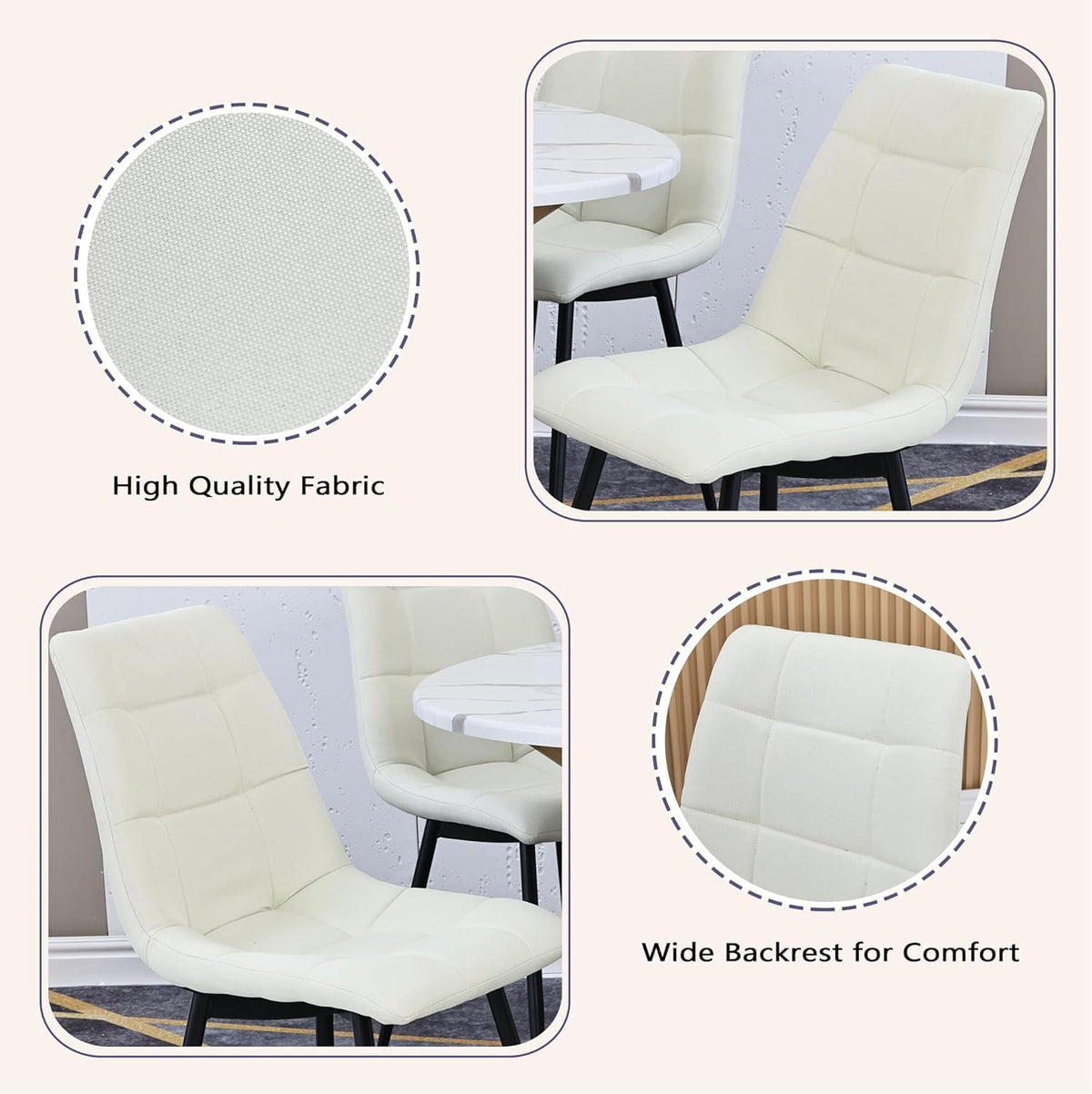 CozyHome Upholstered Modern Kitchen Chairs, Beige Side Chair,Dining Chairs Set of 4, White Dining Chairs with in Fabric Cushion Seat and Metal Legs for Living Room,Bedrooms,Kitchen