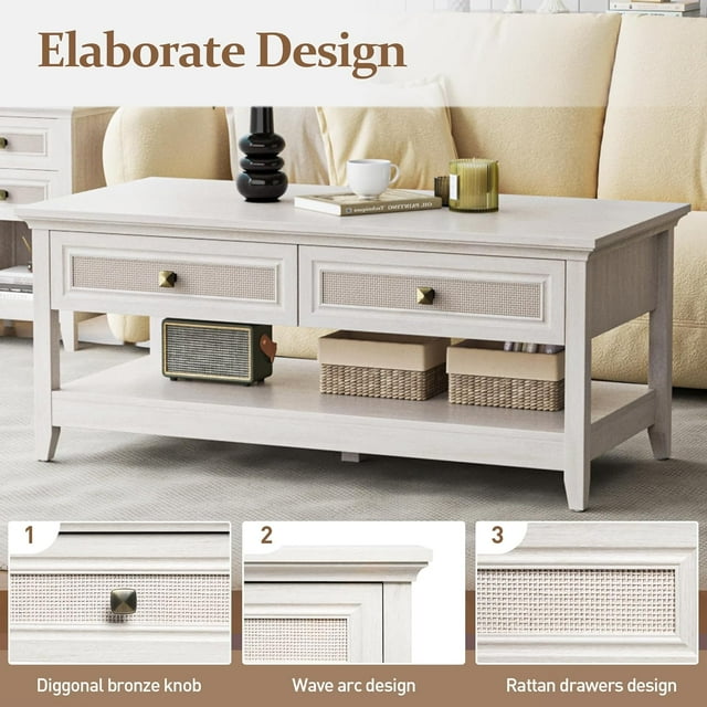 Royalcraft Farmhouse Coffee Table, Boho Tea Table with 2 Rattan Decor Drawers, Accent Center Sofa Table with Storage Shelf, 2 Tier Coffee Table for Bedroom, Living Room, Home Office, Grayish White