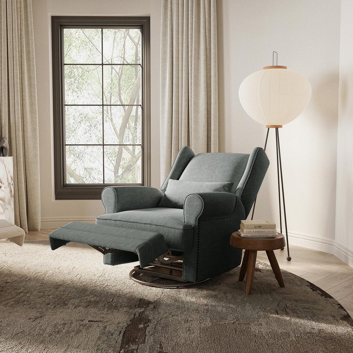 RoyalCraft Swivel Recliner Chair, Comfy Glider Rocking Chairs with Lumbar Pillow and Footrest, Upholstered Swivel Rocking Chair for Bedroom,Nursery, Dark Grey
