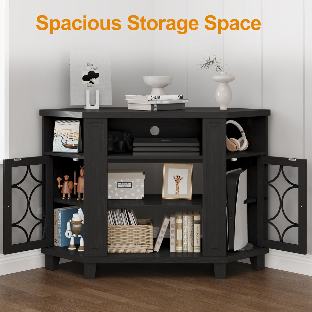 CozyHome Corner TV Stands, Wood Media Console Table with Adjustable Shelves & Acrylic Doors, Modern Entertainment Center for TVs up to 55'', Corner Cabinet for Living Room, Bedroom, Black