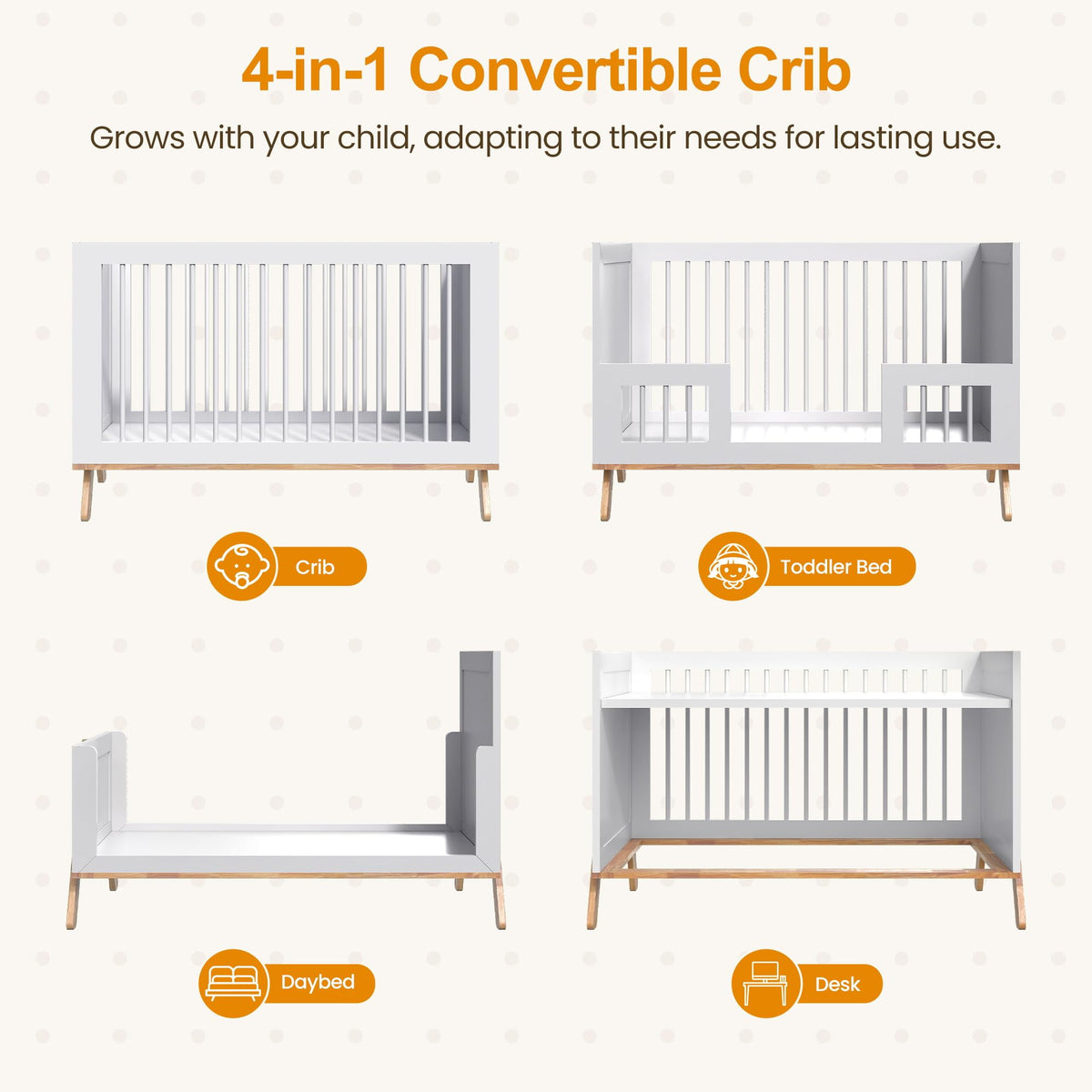 CozyHome 4-in-1 Convertible Crib, Wooden Baby Crib Bed, Crib Converts to Toddler Bed Daybed and Desk, Baby Furniture, White