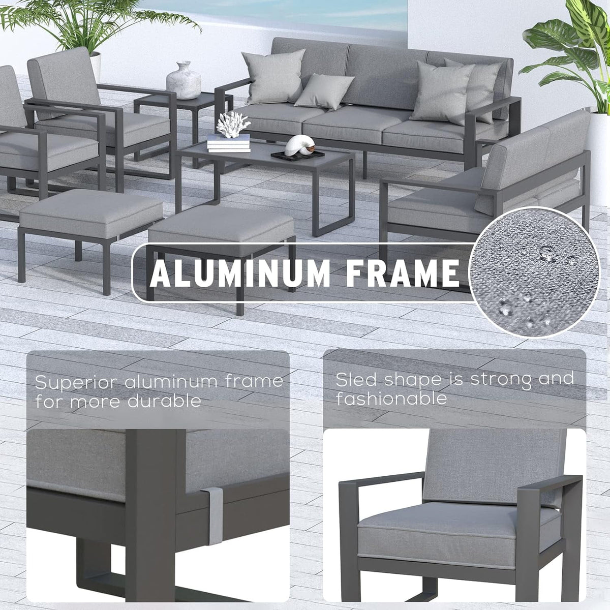 Royalcraft Aluminum Patio Furniture Set, All-Weather 7 Pieces Outdoor Couch Conversation Set Modern Metal Outdoor Sectional Sofa with Ottomans and Coffee Table