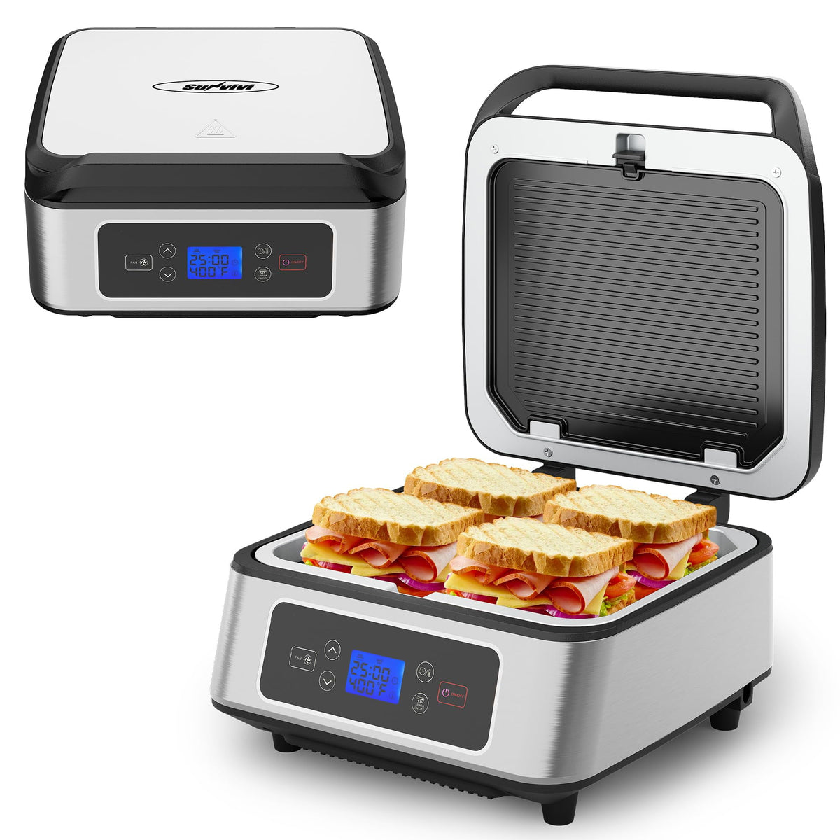 Royalcraft 1300W Smokeless Indoor Grill, Electric Panini Press Sandwich Maker with Auto-Lift, Fan, Independent Upper Heating, Smart Time & Temperature Control, Removable Non-Stick Plates