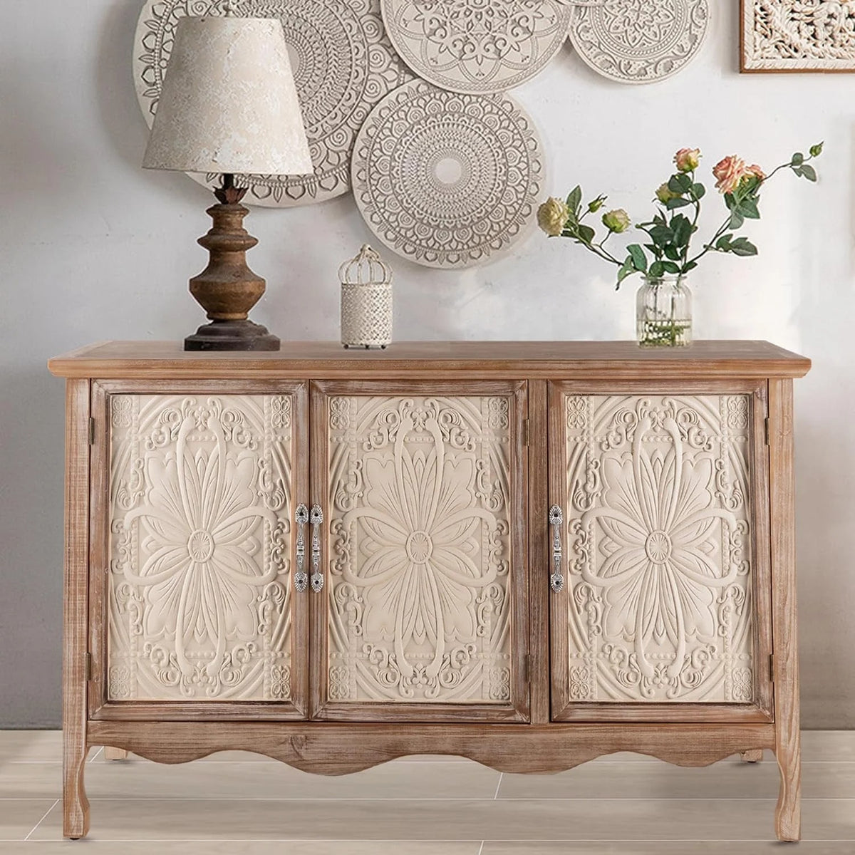 Royalcraft Accent Cabinet Rustic Storage Cabinet with 3 Carved Doors, Vintage Sideboard Buffet Cabinet with Shelves, Wood Entryway Cabinet for Kitchen, Dining Room, Living Room, Bedroom