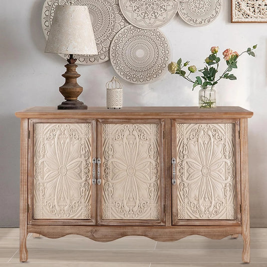 Royalcraft Accent Cabinet Rustic Storage Cabinet with 3 Carved Doors, Vintage Sideboard Buffet Cabinet with Shelves, Wood Entryway Cabinet for Kitchen, Dining Room, Living Room, Bedroom